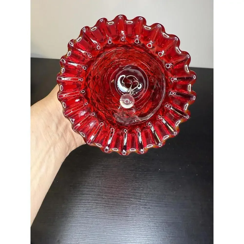 Fenton Ruby Red Bell Ribbed Handle Ruffle Edge Designer Cut Glass - Picture 2 of 5